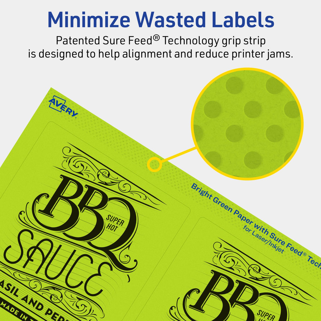 Avery® Printable Rectangle Labels, Sure Feed® Technology, 4-3/4" x 3-3/4", Bright Green Labels, Print-to-The-Edge, Laser/Inkjet Printable, 80 Total, Great for Shipping and Packaging 80 labels