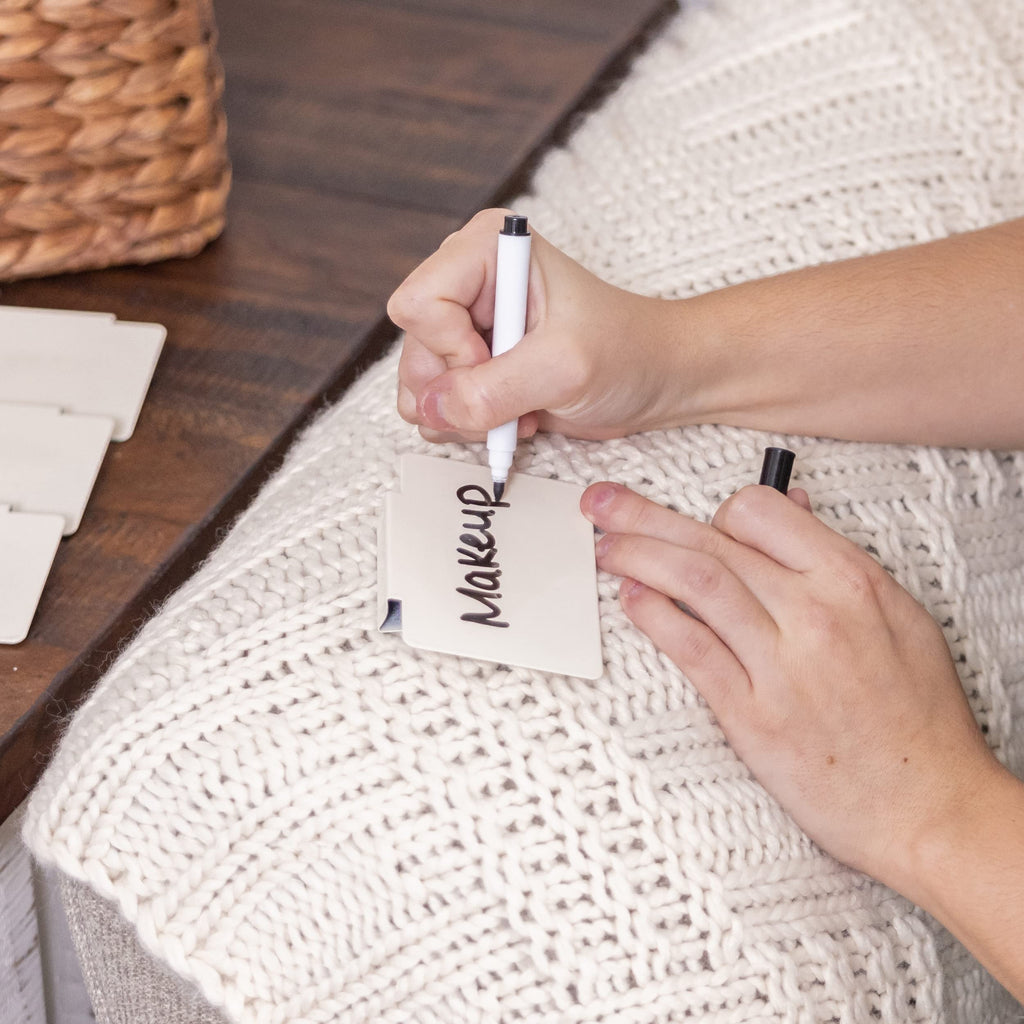 Hygge & Sage: Metal Non-Slip Basket Labels Clip On for Storage Bins, or Wire Racks | Includes 8 Labels, 8 Non-Slip Pads, and 1 Free Marker (Cream) Cream
