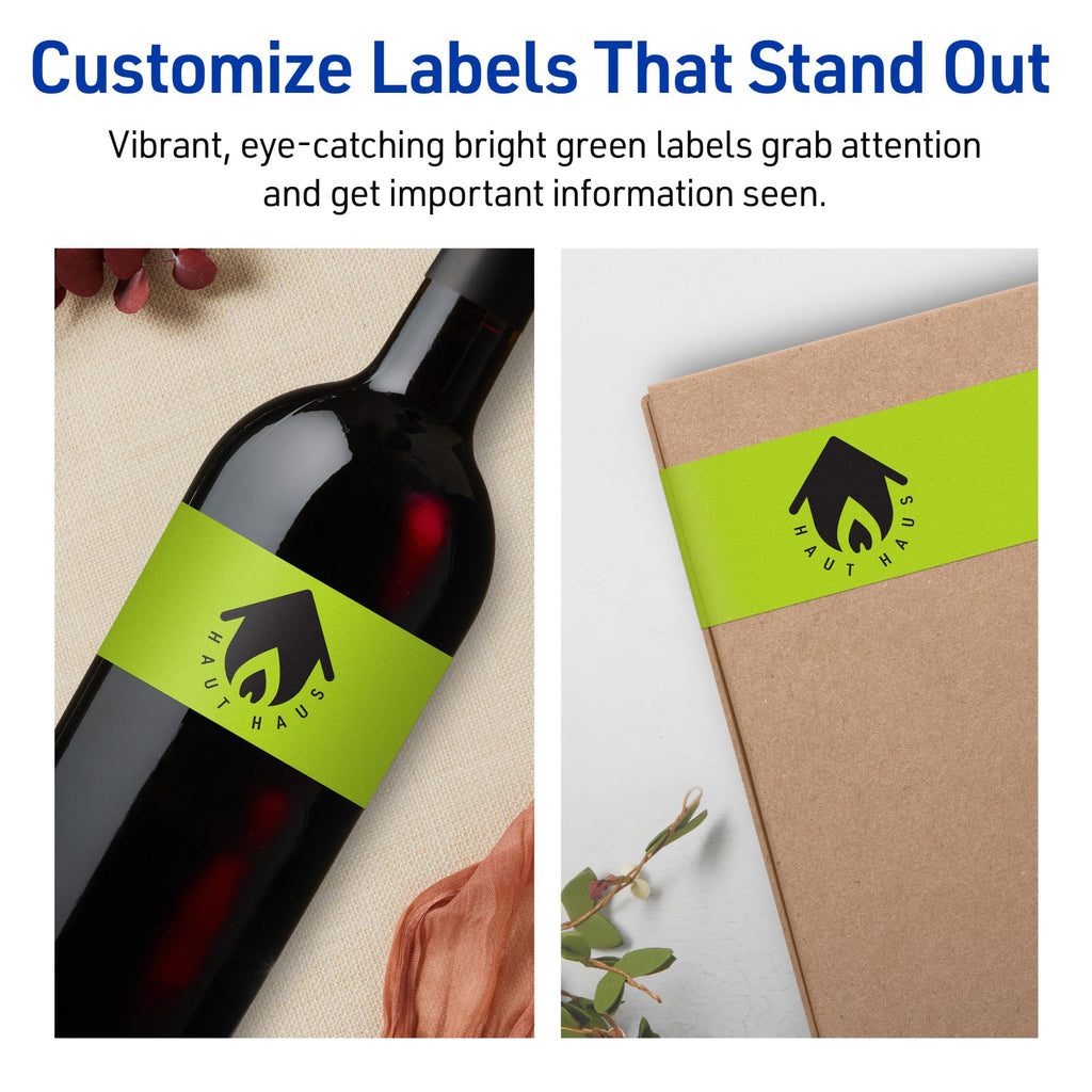 Avery Printable Rectangle Labels, Sure Feed Technology, 3" x 7", Bright Green Labels, Print-to-The-Edge, Laser/Inkjet Printable, 60 Total, Great for Candles and Jars 60 labels