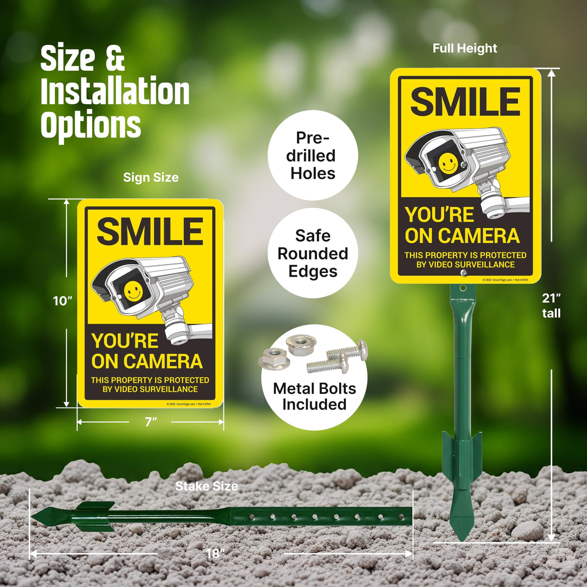 SmartSign 10x7 inch “Smile You’re On Camera, This Property Is Protected By Video Surveillance” Yard Sign with 18 inch Stake, 40 mil Aluminum, Laminated Engineer Grade Reflective, Multicolor, Set of 1