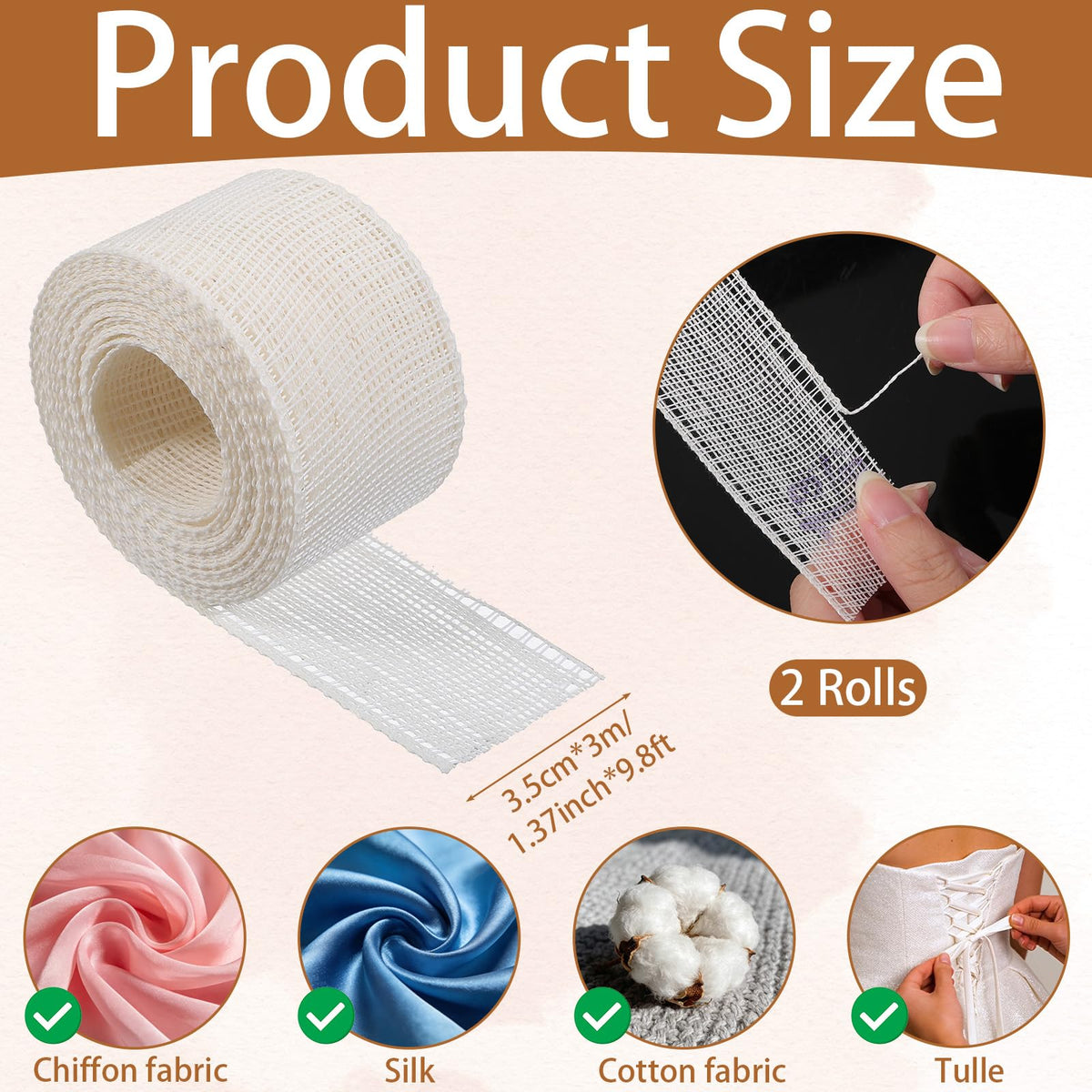 2 Rolls 6.5 Yards Hemming Tape for Sewing, 1.37 Inch Width White Hem Sewing Tape Fishbone Boning Lining Reusable Narrow Hem and Curved Hems Sew Tool for Skirts Dresses Wedding Veils Clothing