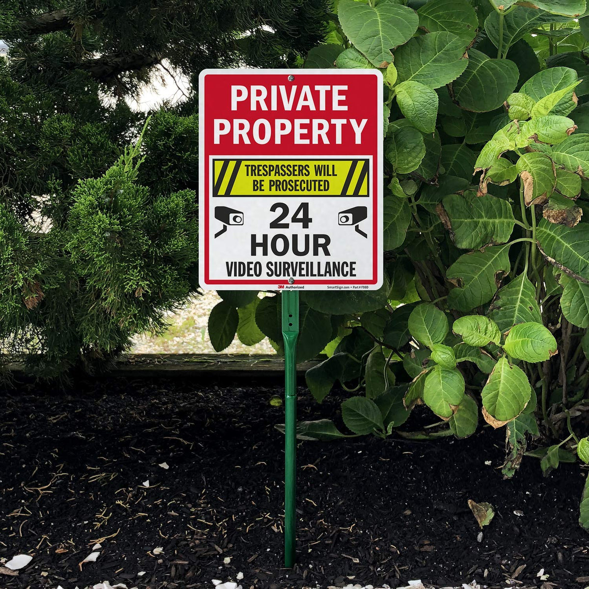 SmartSign 12" x 10" 'Private Property Trespassers Prosecuted, 24 Hour Video Surveillance' Yard Sign with 3 ft Stake, 40 mil Aluminum 3M Laminated Engineer Grade Reflective Material Reflective Aluminum Sign with 3' Stake