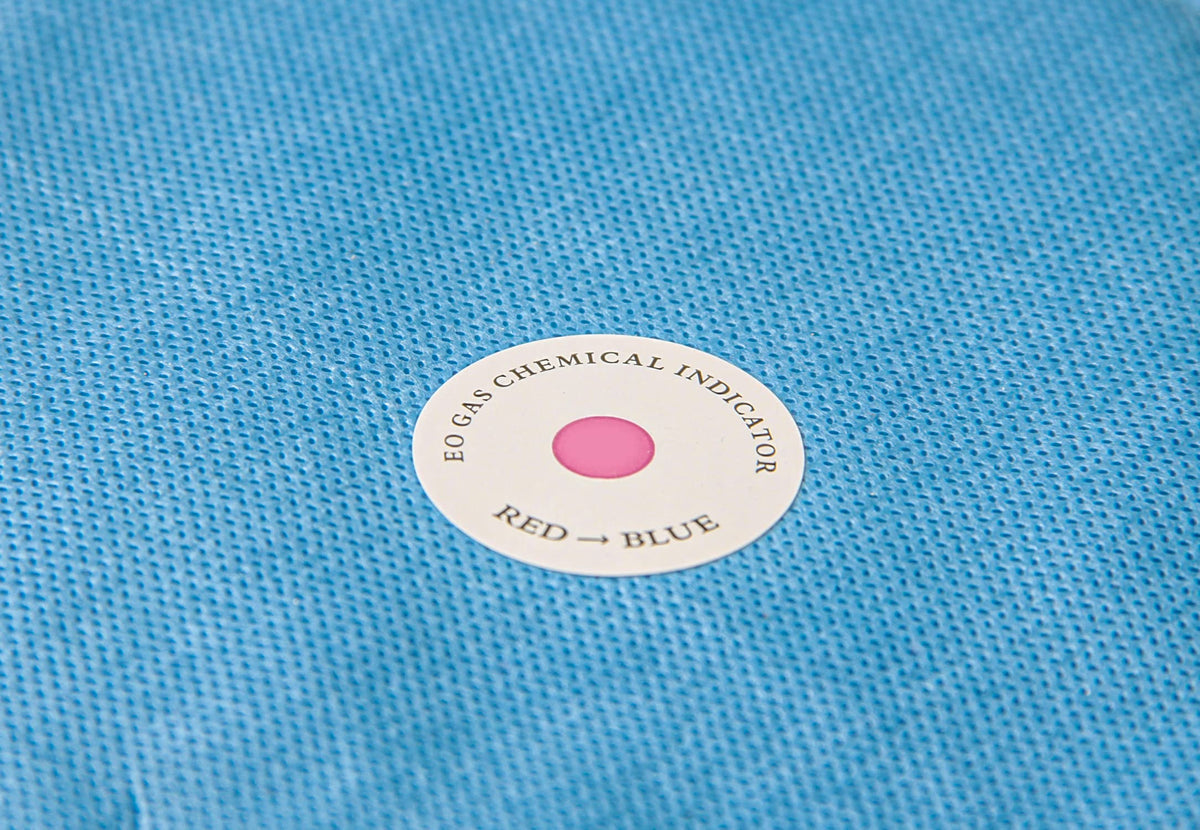 Sinicmed ethylene oxide sterilization indicator label on sterilization pouch for ETO sterilizer validation.