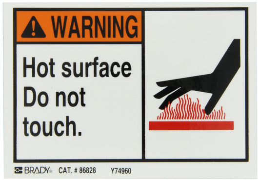 Brady 86828 5" Width x 3-1/2" Height, B-302 High Performance Polyester, Black, Red and Orange on White Machine and Equipment Labels, Header "Warning", Legend "Hot surface Do not touch", Pack of 5