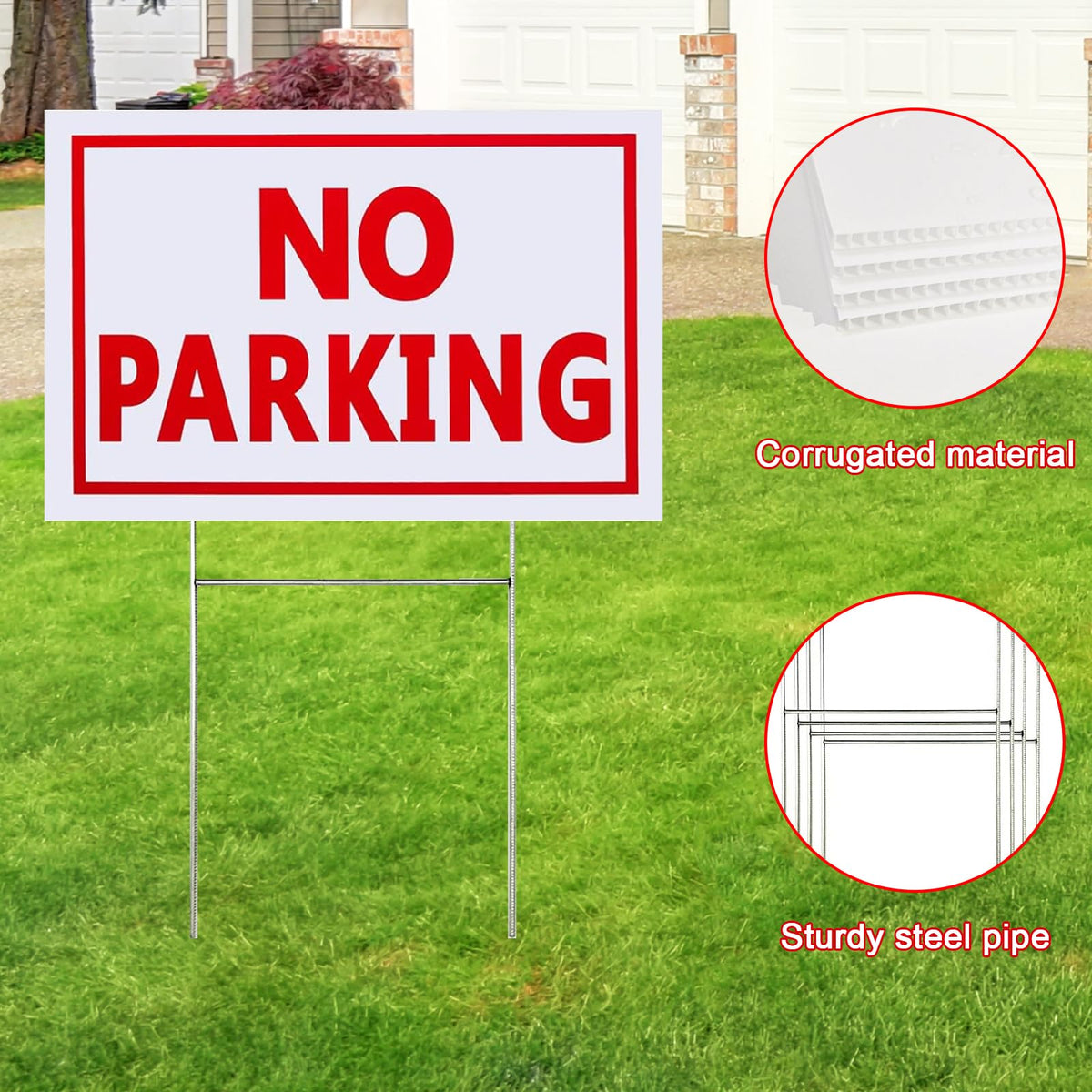 8 Pack No Parking Signs, 8 x 12 Inches Corrugated Plastic Sign with Metal H-Stake Plastic Outdoor Waterproof No Parking Signs for Driveways Yard Lawn (White, Red)