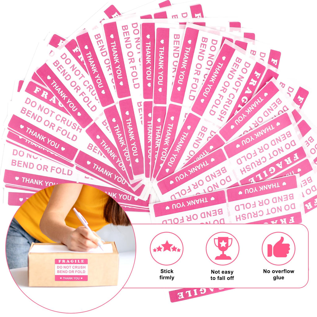 2"x3" 100PCS Pink Fragile Reminder Labels Stickers, Do Not Crush Bend or Fold Warning Labels, Shipping Mailing Cartons Envelops Adhesive Labels, for Glass Products, Ceramic, Digital Products