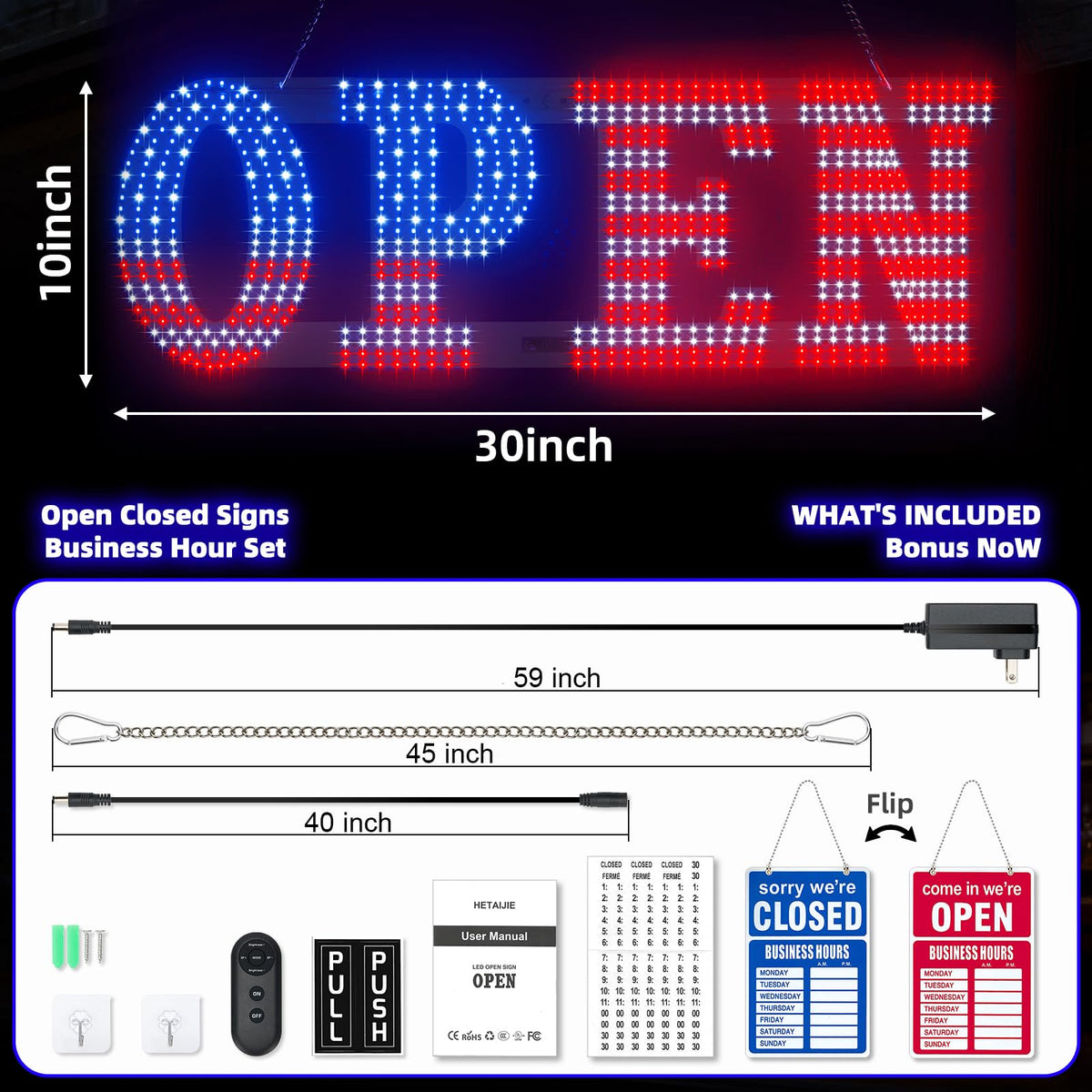 LED Open Signs for Business, HETAIJIE 30" x 10" Large super Bright LED open Sign, Dimmable US Flag Design Storefront Display, 12 Modes Flashing for Shop Bar Cafes Window (High Brightness) 30*10inch