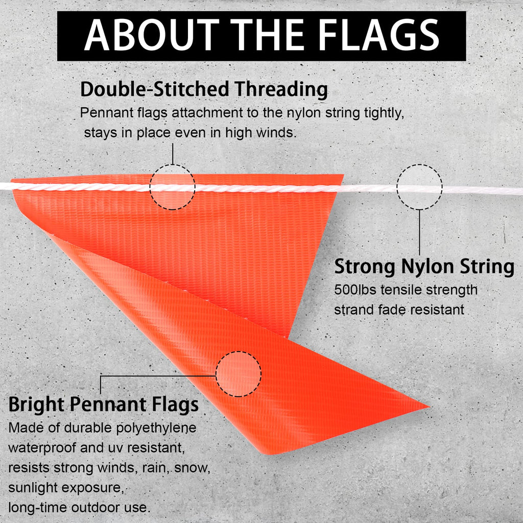 Pennant Safety Flags, Flagging Banner Warning Flags, Marking Flag on String for Parking Lot Events, Traffic Barrier Line, Yard Roof Perimeter, Boundary Construction Workplace 100ft 7x10inch orange