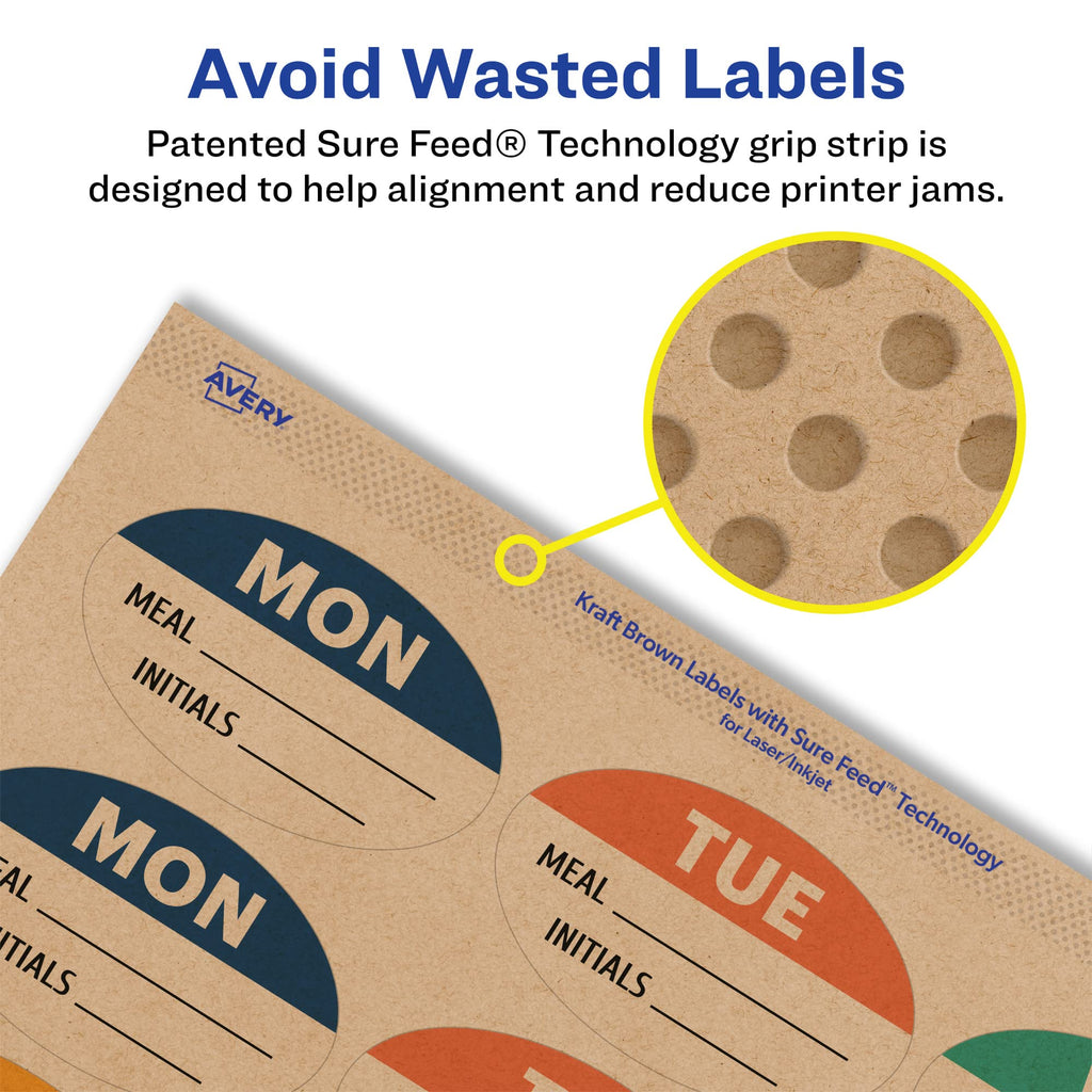 Avery® Kraft Brown Oval Labels, Sure Feed® Technology, 1-1/8" x 2-1/4", 1,050 Kraft Brown Labels, Print-to-The-Edge, Laser/Inkjet Printable 1,050 labels