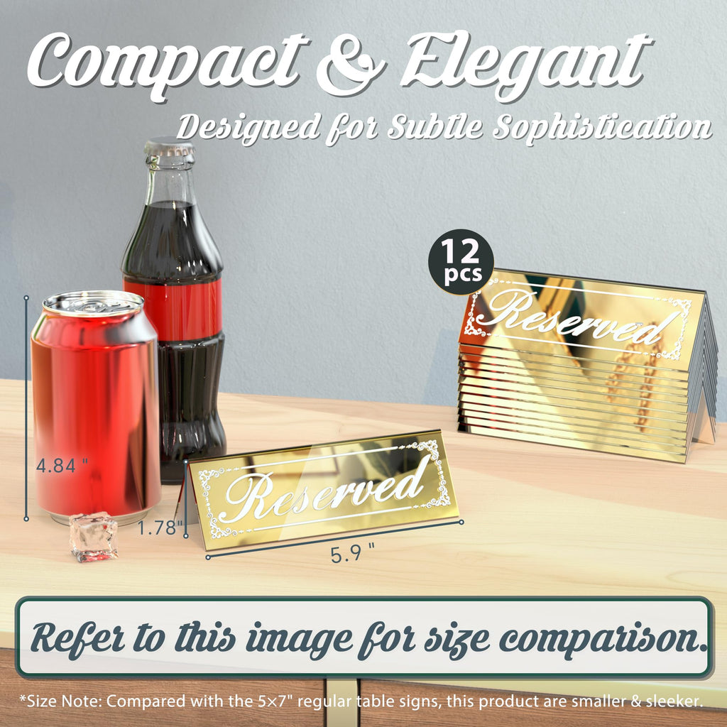 12 PCS 6"x2" Gold Mirror Reserved Table Signs, Double-Sided Lettering