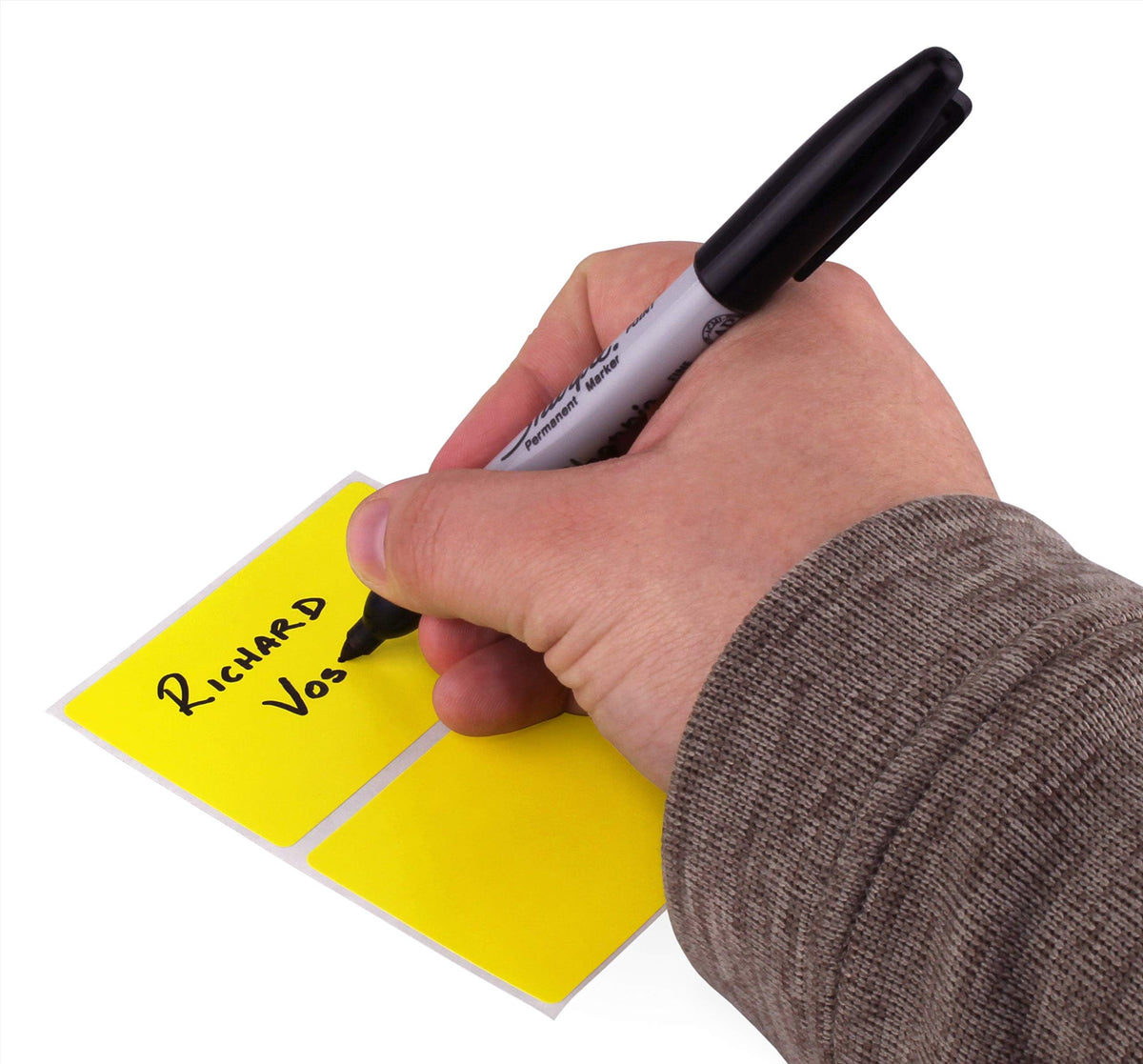ChromaLabel yellow 2x3 inch name tag stickers, color-coding labels, 150 per pack, shown on a surface