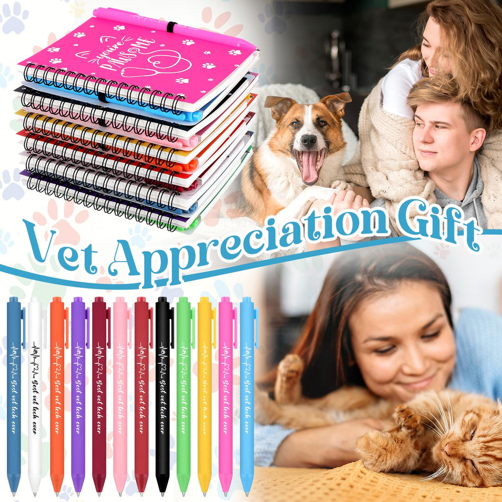 12 Sets Vet Tech Week Gifts Bulk Dog Paw Notebooks with Ballpoint Pens