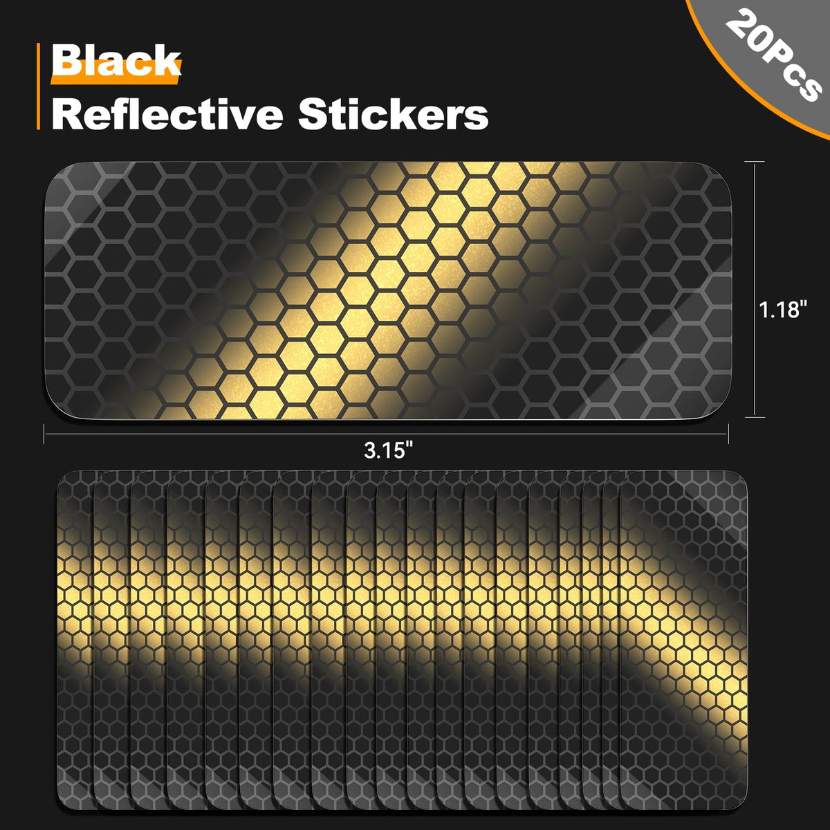 PHIXBEAR 20 Pcs Super Reflection Reflective Stickers, Safety Reflective Tape for Car Bike Mailbox Helmet, Black Conspicuity Tape Outdoor Waterproof 3.15" X 1.18"