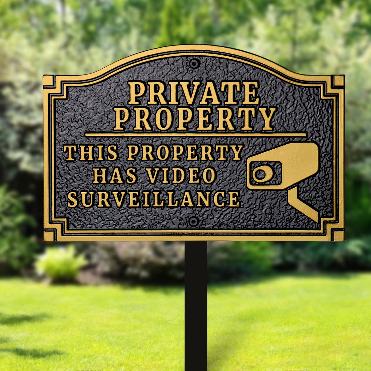 Private Property - This Property Has Video Surveillance Statement Plaque,Home Security Camera Sign with Stakes, Heavy-duty Material, Golden Embossed Letters, 11.5"×7.5” with 31.5" Post