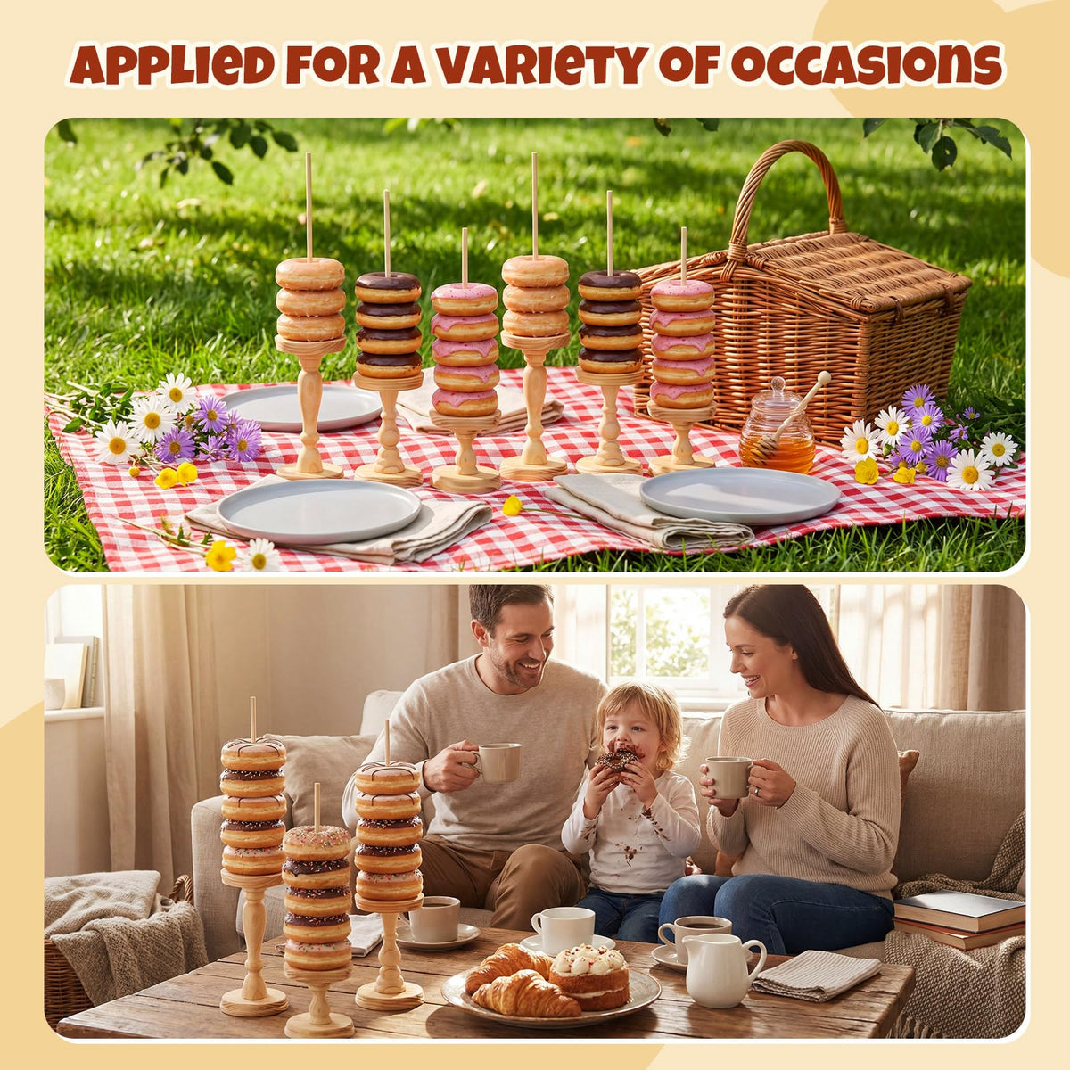 Gerrii 3 Pcs Wooden Donut Stand for Dessert Table 19.5"/17"/14.6" Farmhouse Unfinished Wood Donut Holder Display Stacker Detachable Rustic Dessert Table Tower for Birthday Party (Wood, Brown)