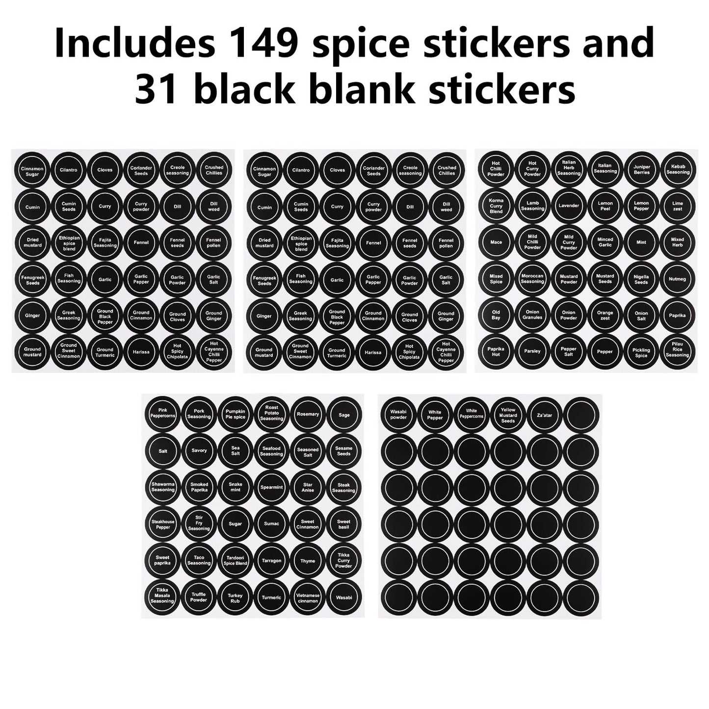 Black Spice Jar Labels Removable Spice Labels Stickers for Kitchen Pantry Food Containers