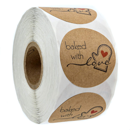 1.5" Round Natural Brown Kraft Baked with Love Stickers / 500 Labels Roll/Homemade with Love Craft Stickers/Made in The USA 1.5" Kraft
