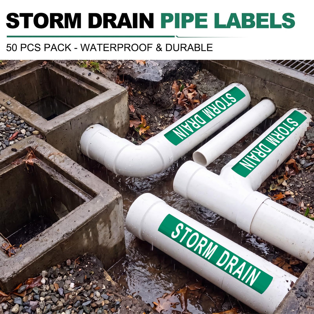 50 Pack Storm Drain Water Pipe Labels, Self Adhesive