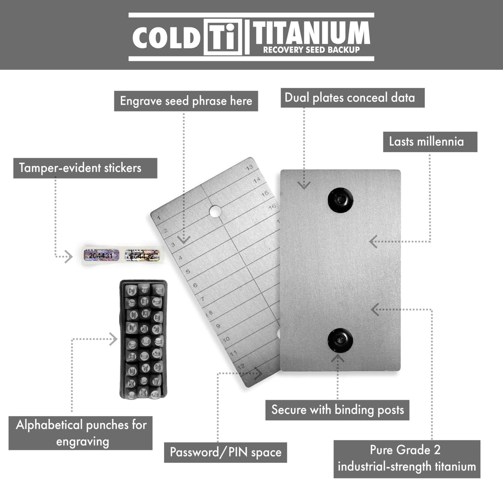 ColdTi titanium Bitcoin seed plates with punch set and seals for secure crypto seed phrase storage, including alphabetic punching tools.