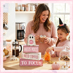 Moucuny 4 Pcs Pink Halloween Table Decor Ghost Wooden Stacked Block Decor Pink Coffee Ghost