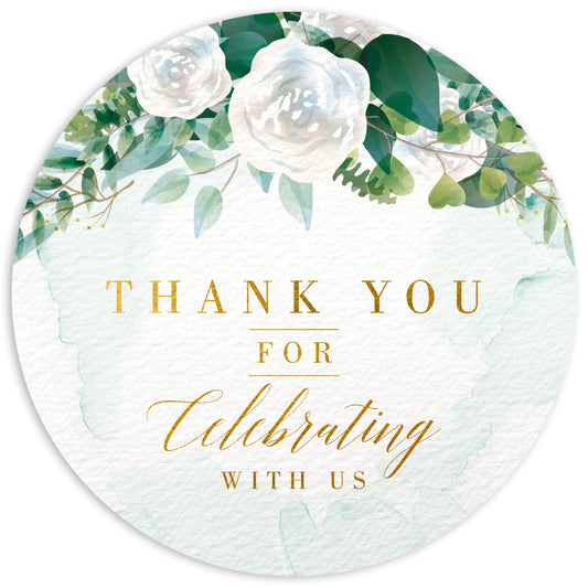 Mobiusea Creation White Floral Thank You for Celebrating with us Stickers | 2 inch | Gold Foil | 60pcs Waterproof Thank You Stickers Wedding Labels for Wedding, Bridal Shower, Baby Shower