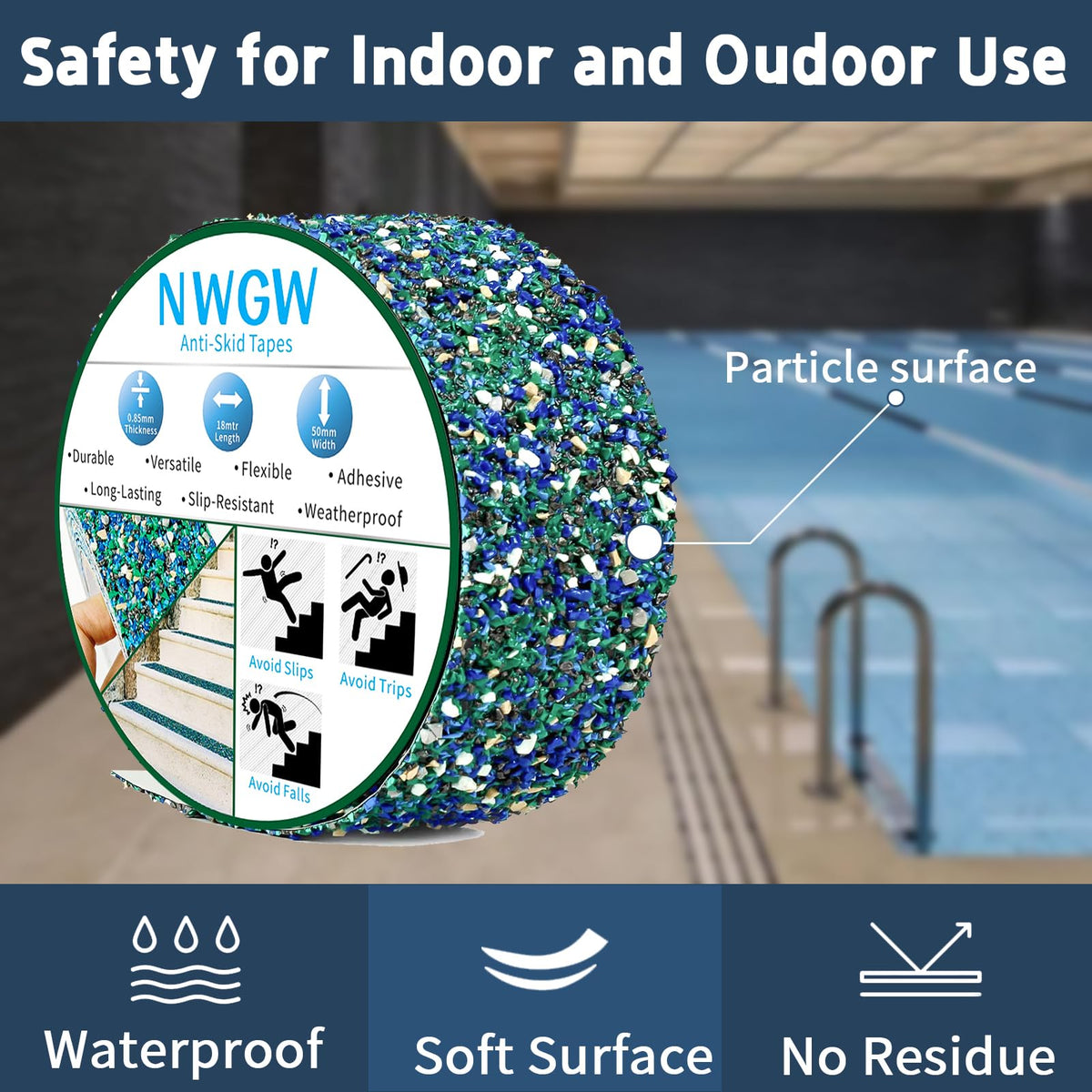 Waterproof Tape for Pools, 2" x15FT Heavy Duty Anti Slip Stair Treads Outdoor Tape Non-Slip Rubber Grip Tape Shower Strips Slip Resistant Tape Traction Tape for Stairs Showers Bathroom Trails 2 IN Blue & Purple