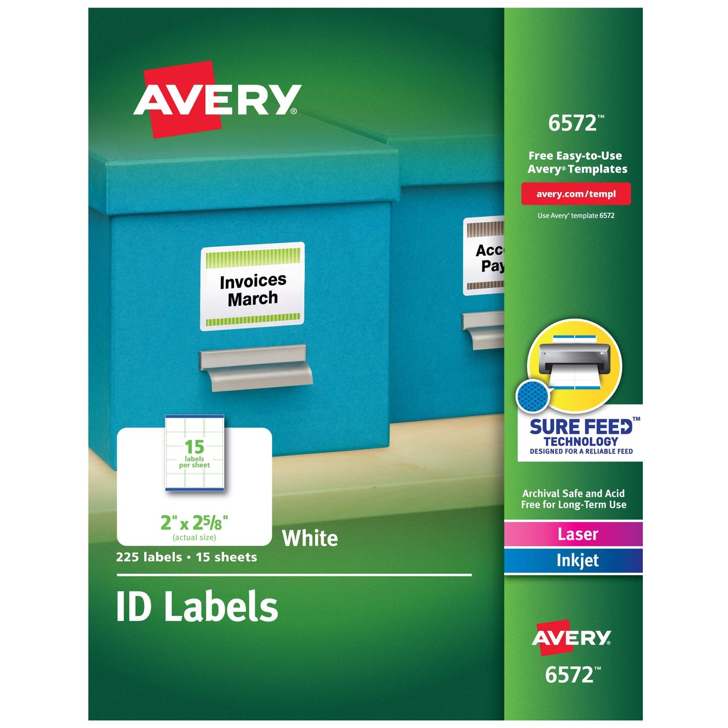Avery ID Labels, Sure Feed Technology, Permanent Adhesive, 2" x 2-5/8", 225 Labels (6572) & Easy Peel Printable Address Labels with Sure Feed, 1" x 2-5/8", White, 750 Blank Mailing Labels (18260) Labels + Labels, (18260)