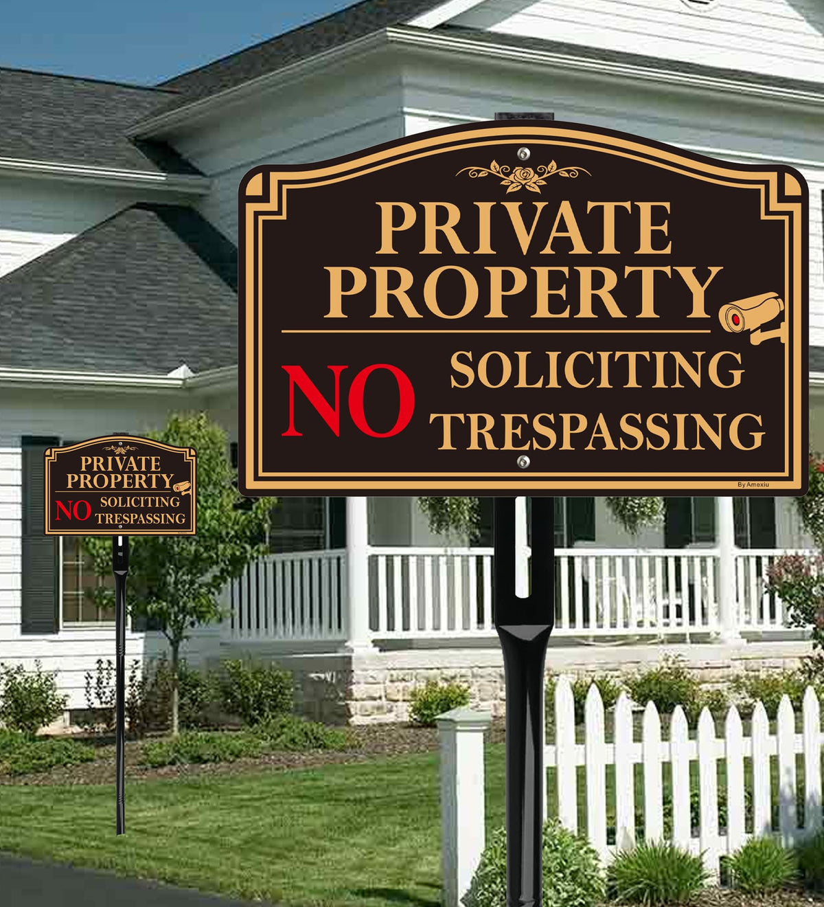 2Pack Private Property No Trespassing Sign with 36" Tall Metal Stake, 12" x 8" No Soliciting Sign Aluminum, Easy Installation, Rust-Free& Fade Resistant 12X8" +36" Stake