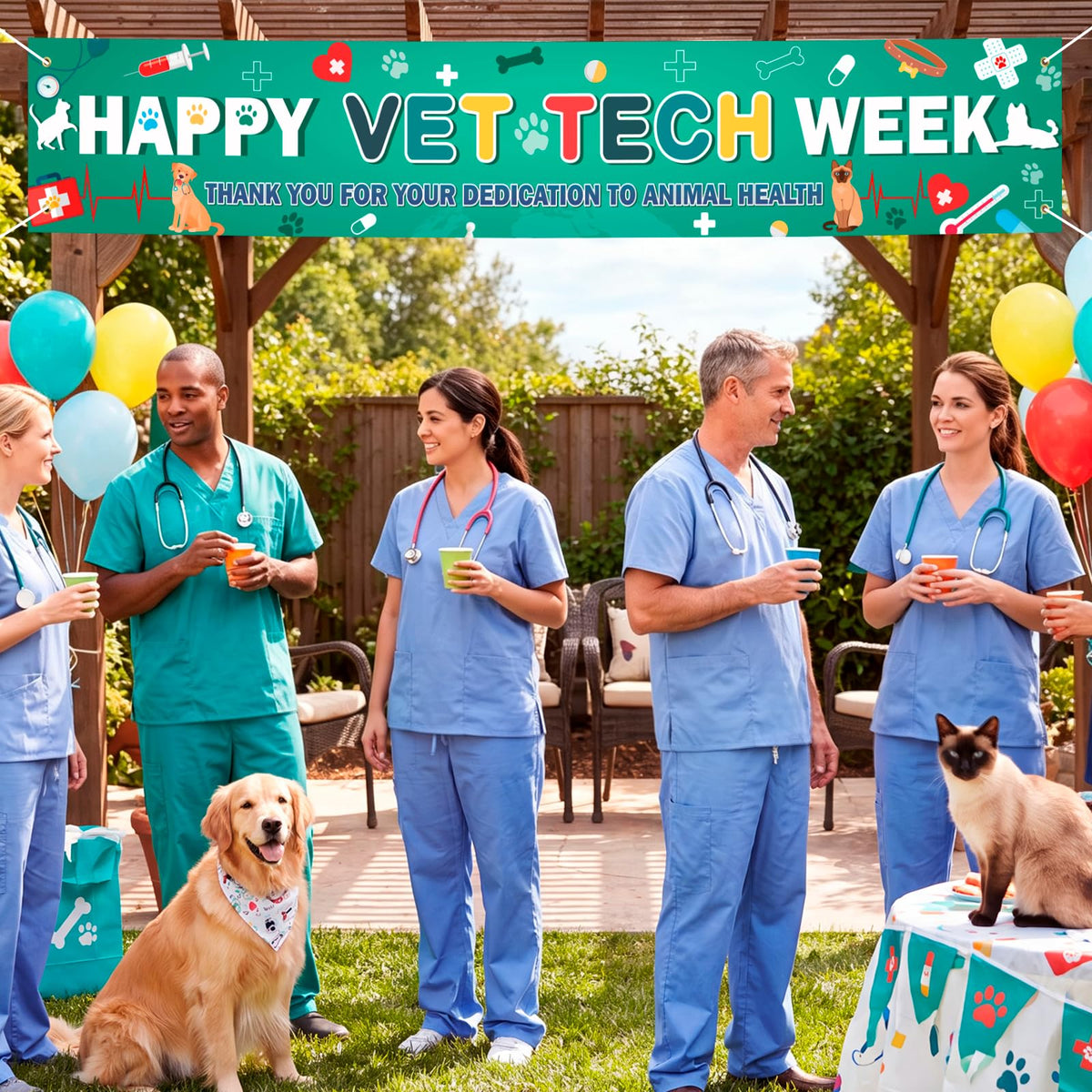 HOWAF Happy Vet Tech Week Banner, Veterinary Technician Appreciation Yard Banner, Dog Cat Paw Print Pet Clinic Outdoor Fence Hanging Sign, Vet Staff Thank You Party Decorations Supplies
