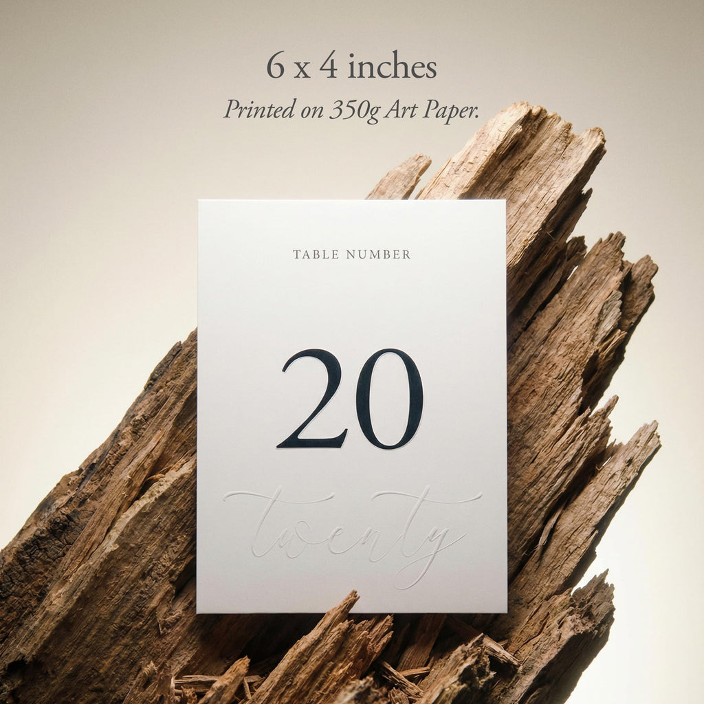 Wedding Table Numbers 1-20, Double-Sided Cards, Embossed Details