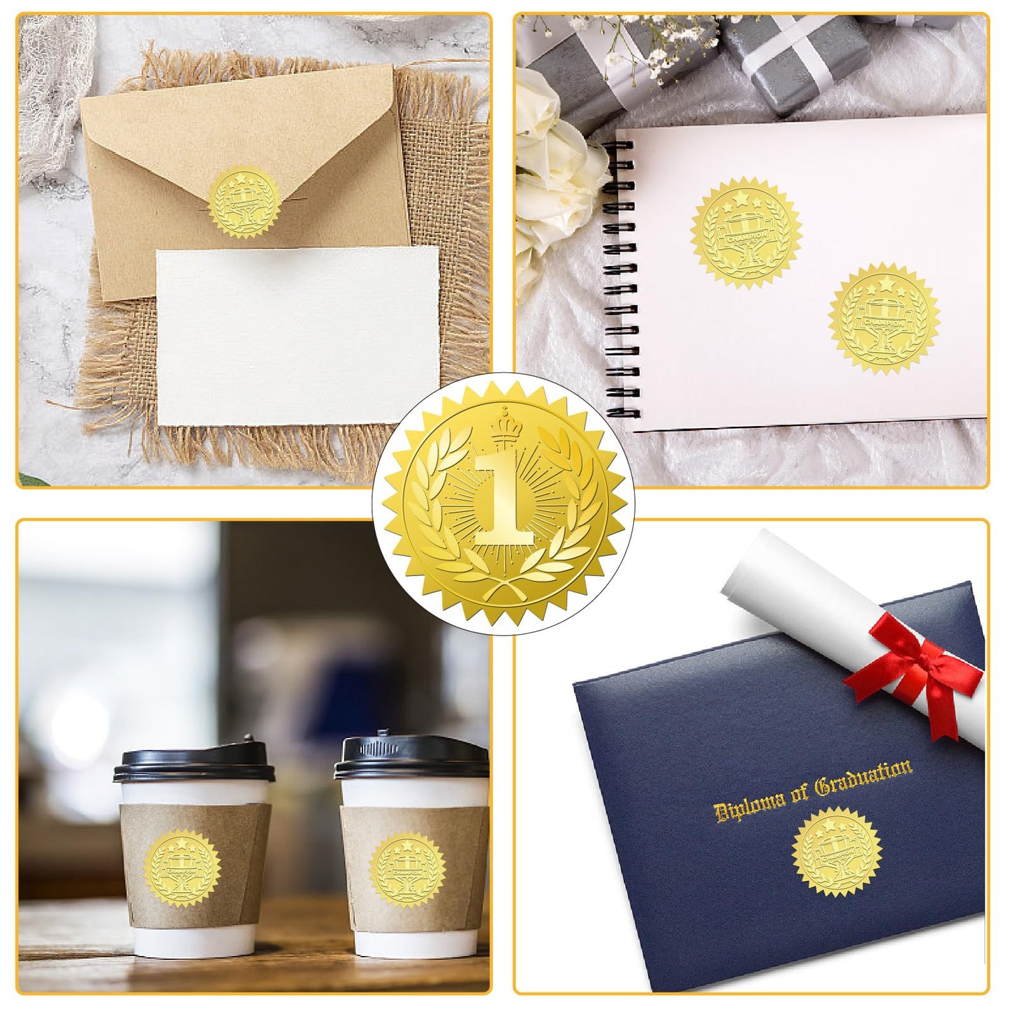 CRASPIRE 408Pcs No.1 Gold Foil Embossed Stickers 2 Inch Self Adhesive Waterproof Certificate Seals Sticker Labels Round Dot Decals for Award Envelope Graduation Diplomas Medal Decoration Arts Crafts