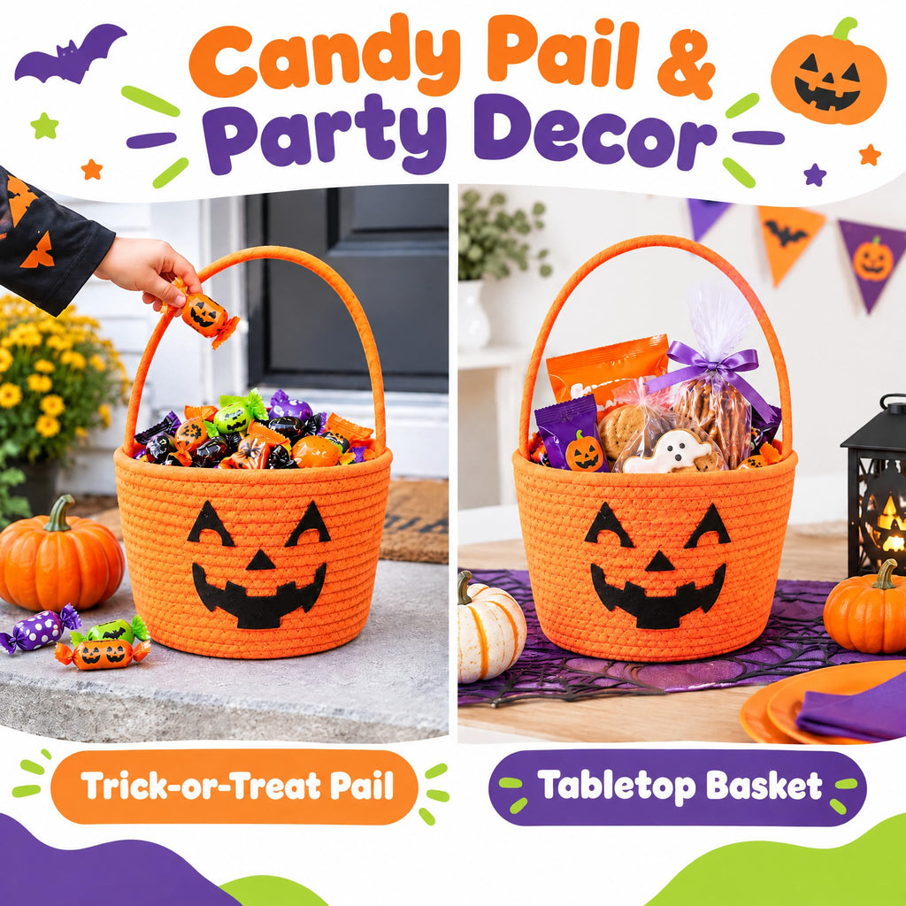 Halloween Basket, Woven Cotton Rope Pumpkin Pail with Handle white yellow