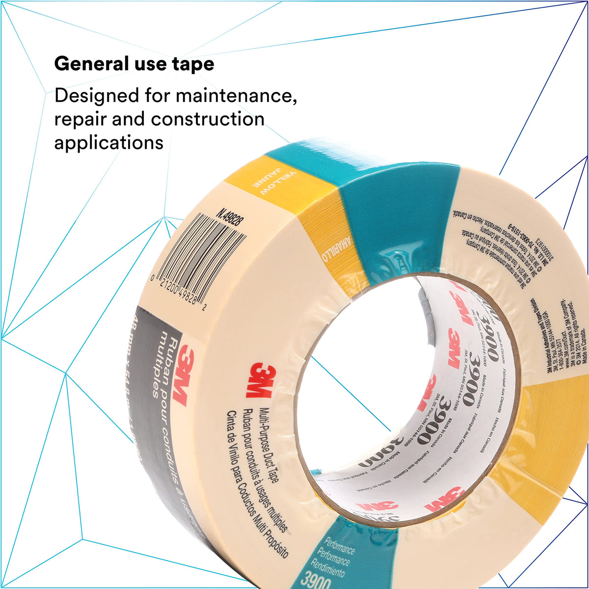 3M Multi-Purpose Duct Tape 3900, Yellow Color, General Purpose, Rubber Adhesive, Water Resistant, 48 mm x 54.8 m, 7.6 mil, 1 Roll 2 Inches Width x 60 Yards Length
