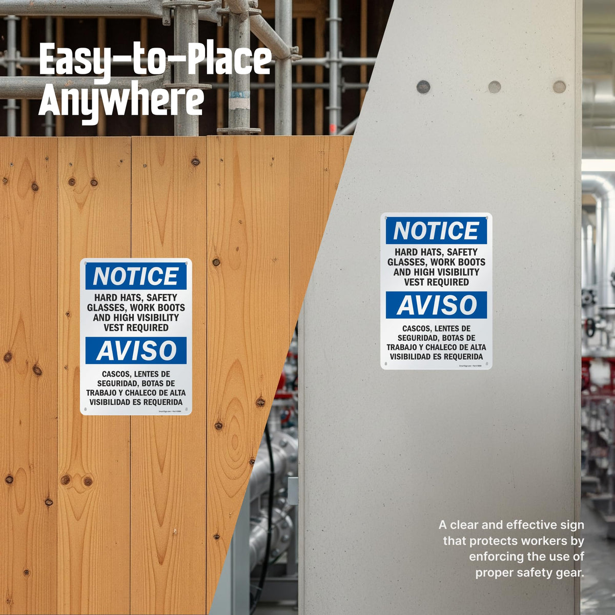 SmartSign - S-5992-AL-14 Notice - Hard Hats, Glasses, Boots, Vest Required Bilingual Sign By | 10" x 14" Aluminum 10x14 inches