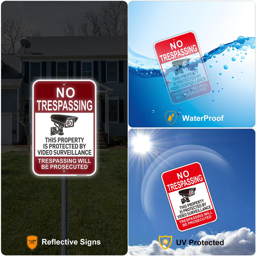 2 PC No Trespassing Signs Private Property, 18"x12" Video Surveillance Sign Red