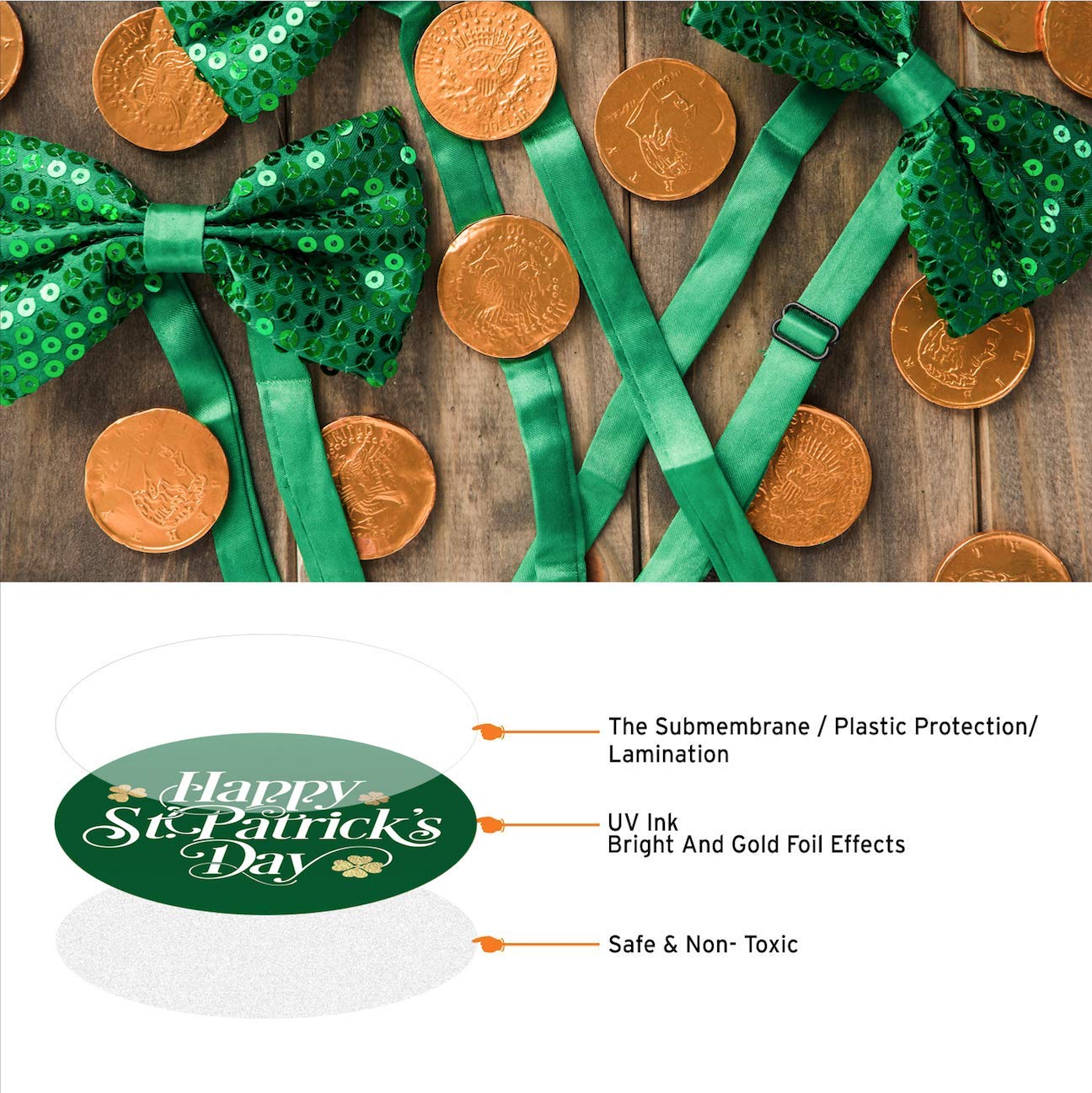 easykart labels 500 Happy St. Patrick's Day Stickers Shamrock Roll Labels Metallic Green with Gold Foil | Suitable for St. Patrick's Day Party Decorations and Crafts Supplies.| 1.5" Round Size