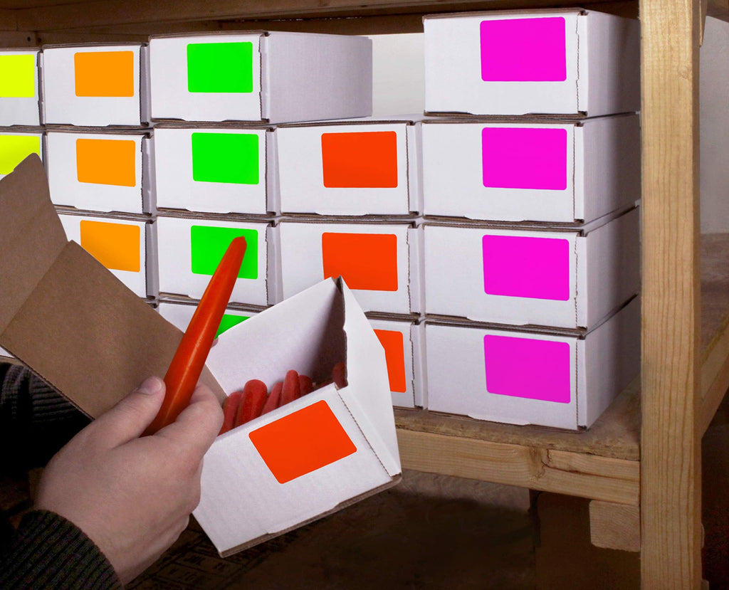ChromaLabel fluorescent green 2x3 inch name tag stickers, color-coding labels, 150 per pack, shown on a white background.