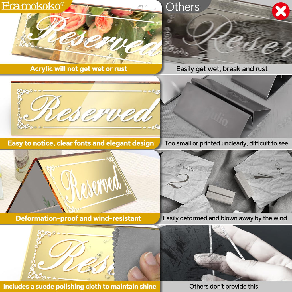 12 PCS 6"x2" Gold Mirror Reserved Table Signs, Double-Sided Lettering