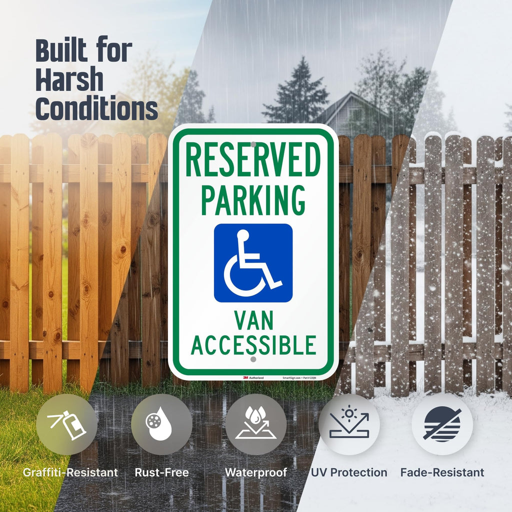 SmartSign 18 x 12 inch “Reserved Parking - Van Accessible” Handicapped Parking Metal Sign, 63 mil Aluminum, 3M Laminated Engineer Grade Reflective Material, Green, Blue and White, Made in USA EG Reflective Aluminum