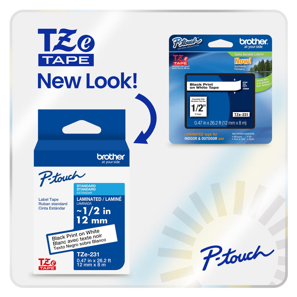 Brother Genuine P-Touch TZe Black Print on White Label Tape (TZeS231), Strong Adhesive Laminated, ~1/2in x 26.2ft (12mm x 8m), for Select P-Touch Label Makers, Water-Resistant, Extra Strength Black Print on White Extra Strength Tape Pack of 1