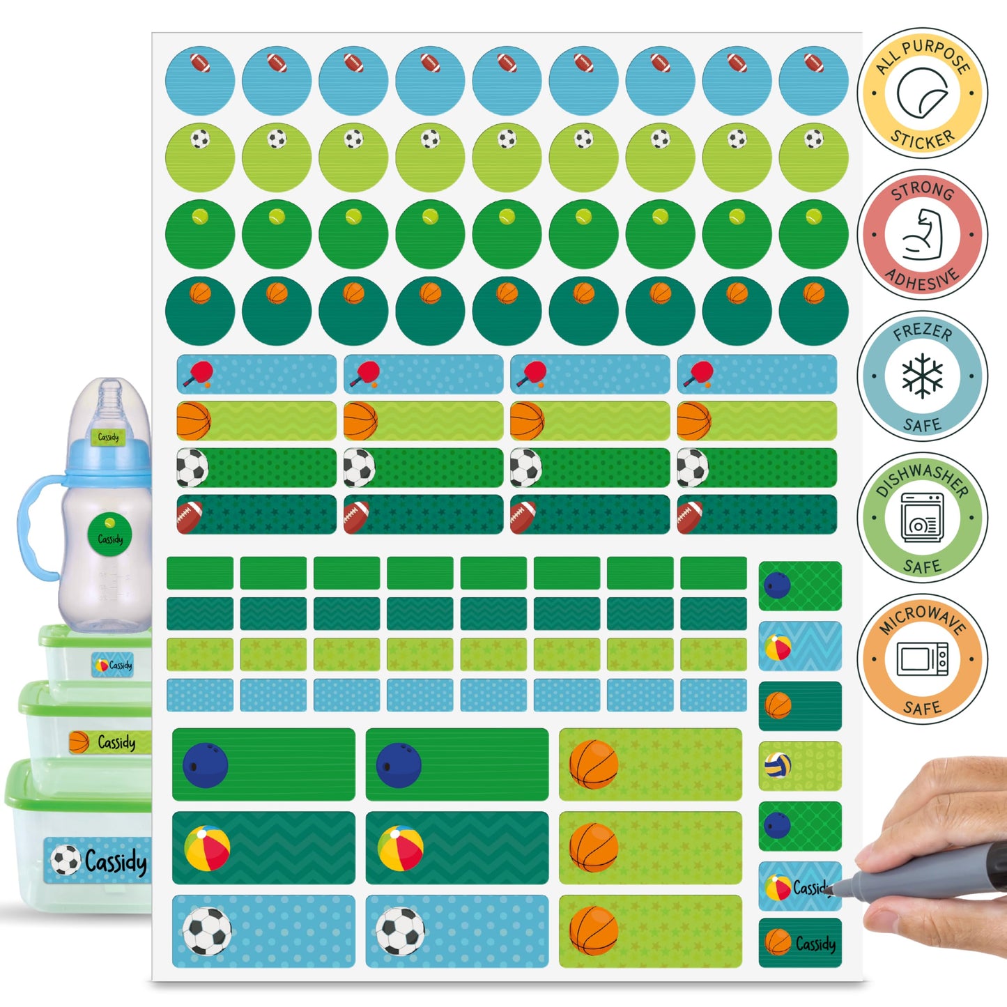 U-Name-It Self-Writing Name Stickers: 100 Personalized Waterproof Labels for Kids, Dishwasher & Microwave Safe, Name Stickers for Daycare, Bottles, School, and Camp, (Sport)