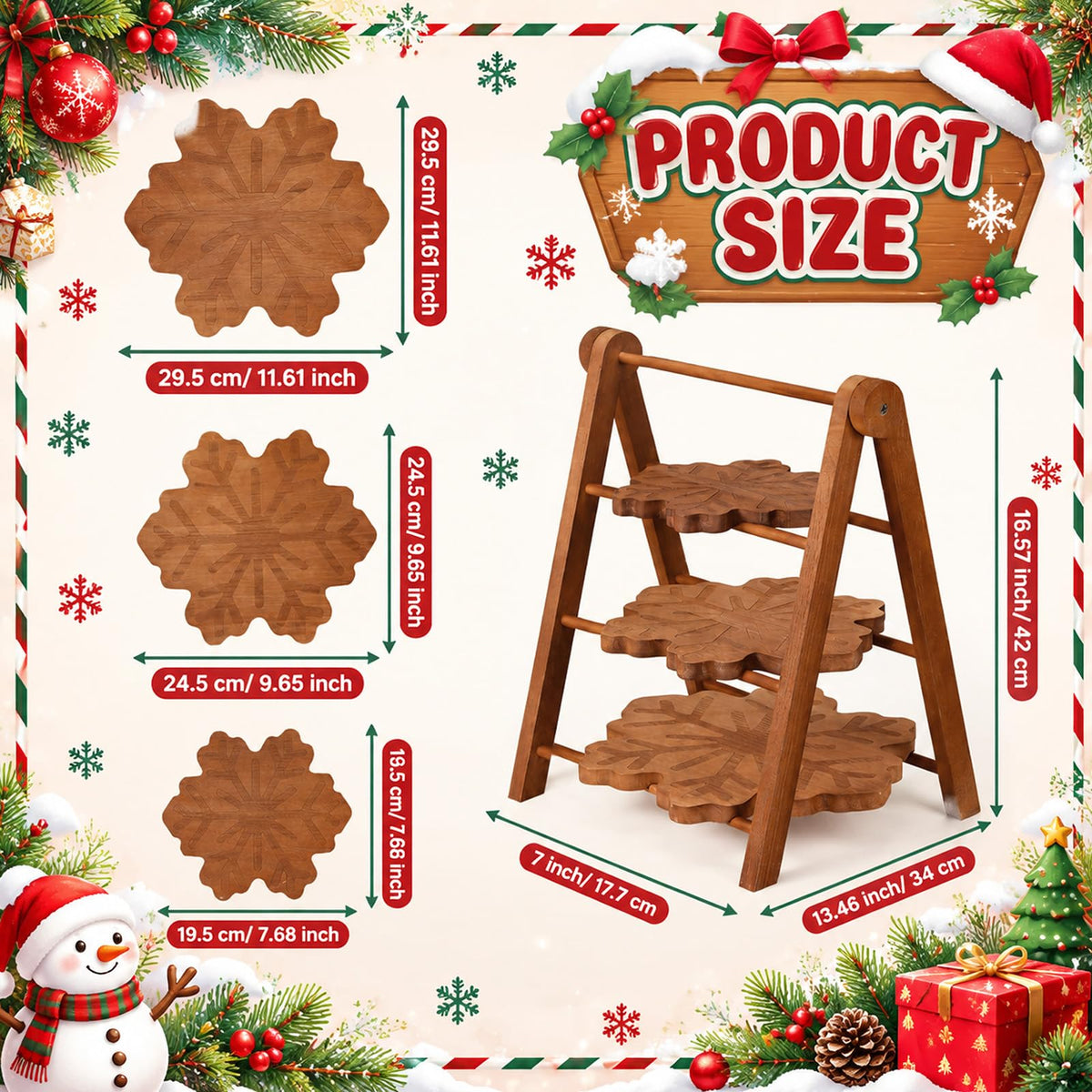 Marsui 3 Tier Christmas Snowflake Serving Tray with 16 in Collapsible Stand