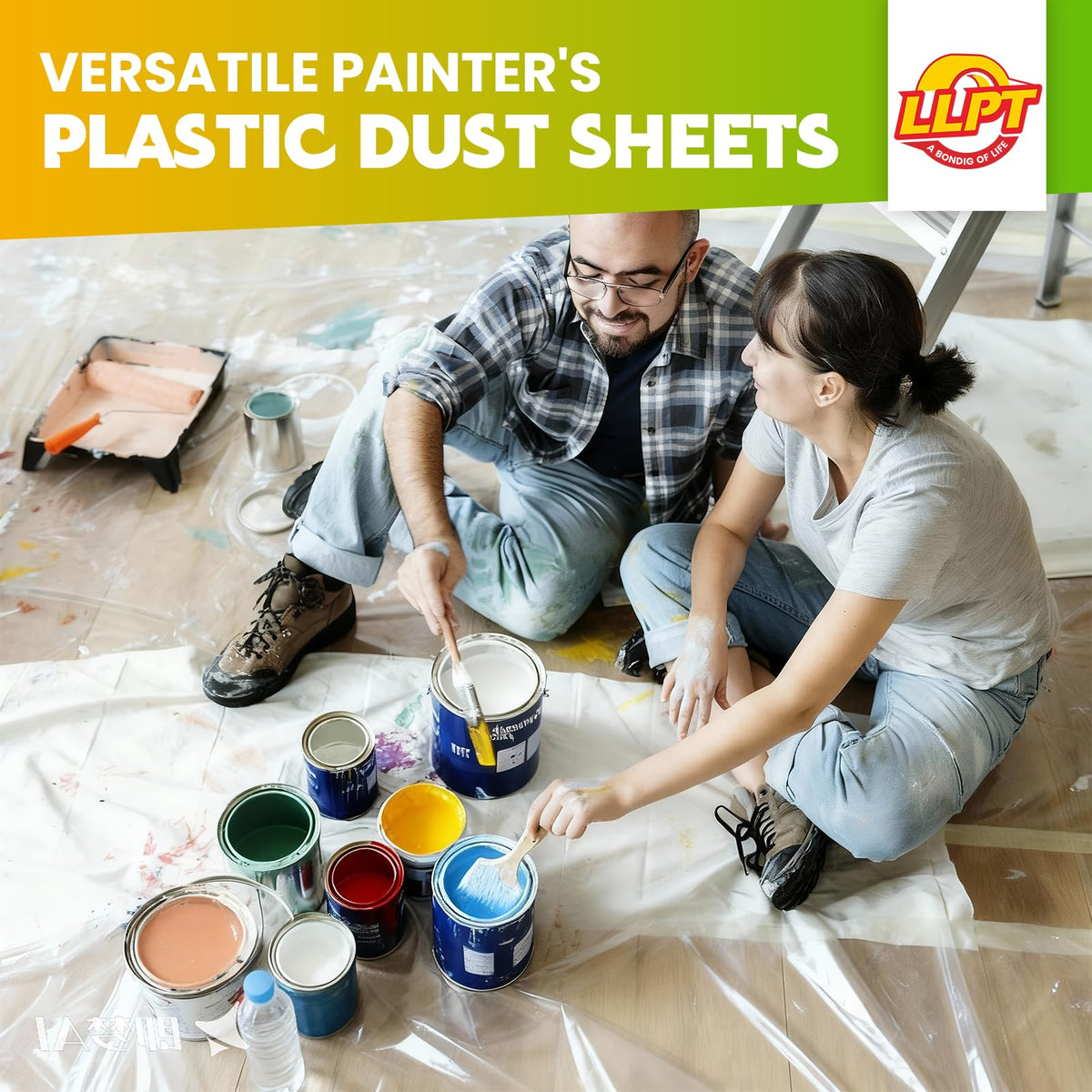 LLPT Tape and Drape 35.4”(Unfolded) x 66 Ft Each 2 Pack Pre-Taped Masking Film 0.31 Mil Painters Plastic Drop Cloth for Auto Wall Furniture Painting Protection (MFTG920) 35.4 Inch x 66 Ft