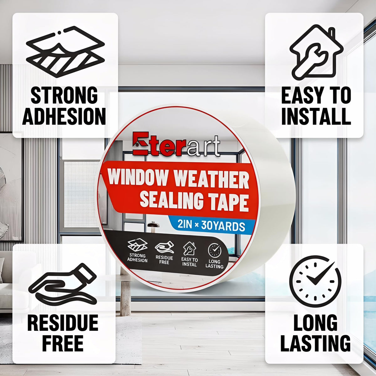 ETERART Transparent Weatherproof Seal Tape 2" x30Yds - Heavy Duty Waterproof Adhesive for Winter Drafts & Rain Leaks, No-Residue Weather Stripping for RVs, Windows, Doors & Renters 2" x 30 Yards