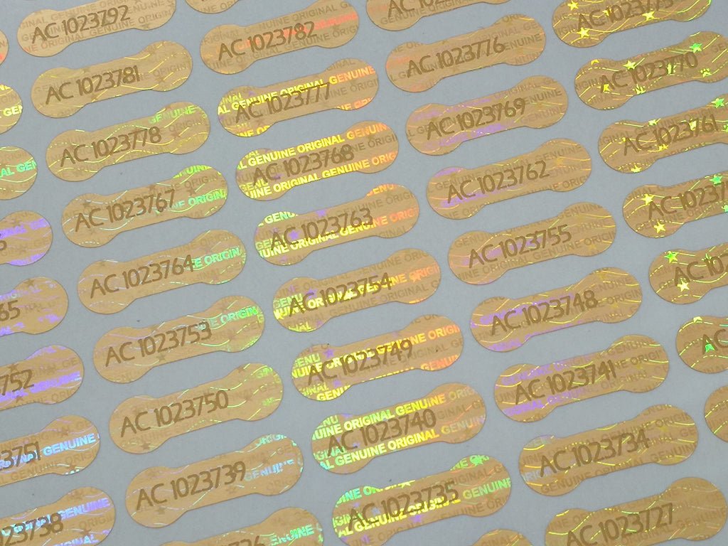 1000 pcs Gold Security Hologram Labels 0.78 x 0.27 inches, Void Warranty Stickers Tamper evident Seals Dogbone with Serial Numbers