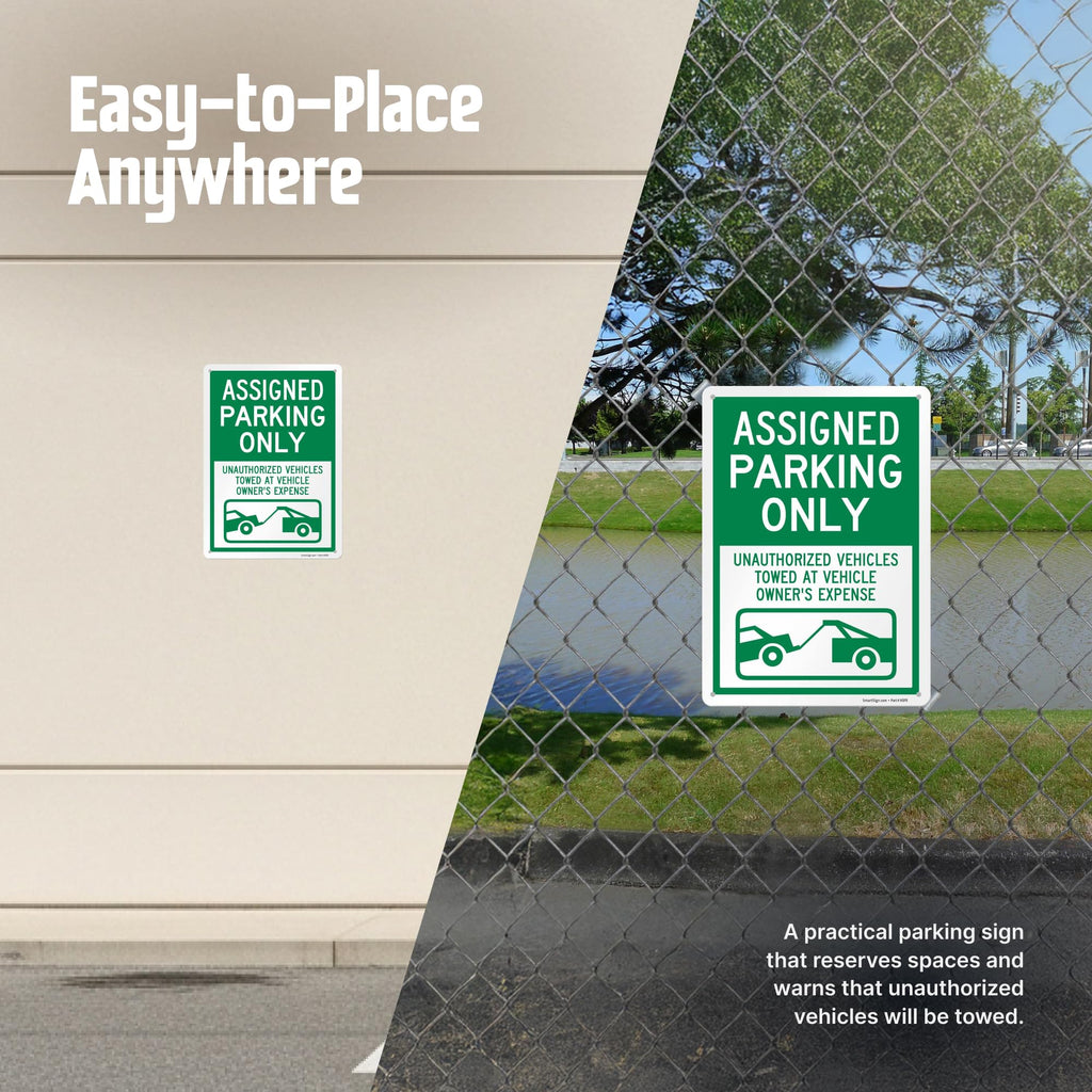 SmartSign 14 x 10 inch “Assigned Parking Only, Unauthorized Vehicles Towed” Metal Sign, 40 mil Laminated Rustproof Aluminium, White and Green, Made in USA 14x10 inches