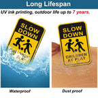 Slow Down Children at Play Signs 2-Pack, Reflective Metal Children Playing Safety Signs, 18” x 12” Rust Free Aluminum, UV Protected Neighborhood Street Caution Safety Yard Signs children at play 02