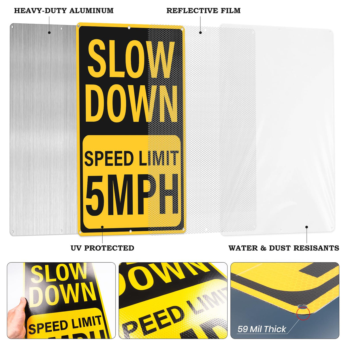 2 Pack Slow Down Speed Limit 5 MPH Signs 12 x 18 Inches Reflective Yellow