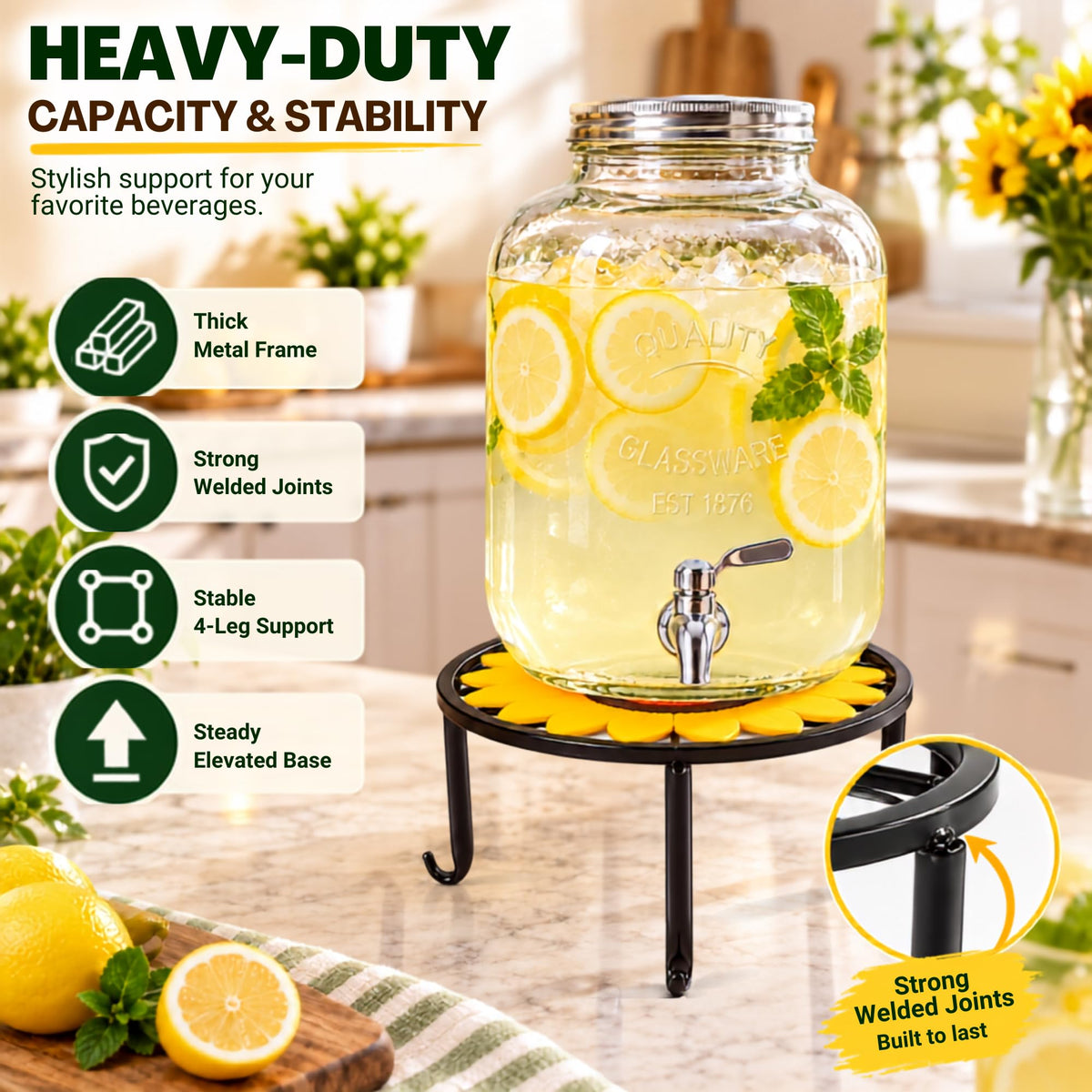 Beverage Dispenser Stand, Heavy Duty Metal Plant Pot Holder (Round, Black)