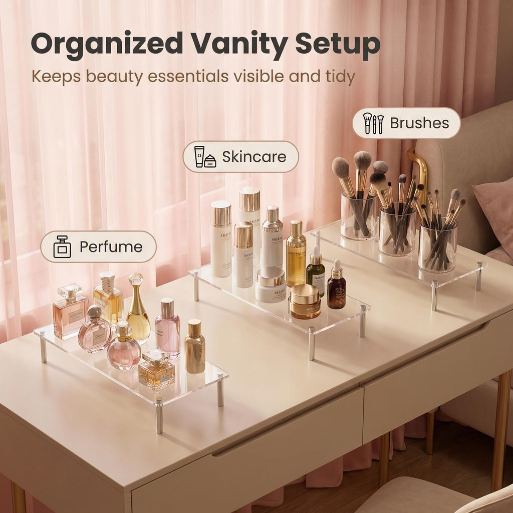 Acrylic Display Risers Clear Rectangular Stands with Metal Support Posts for Cake Stand Styling Countertop Tiered Organizer Small Size Transparent One Piece
